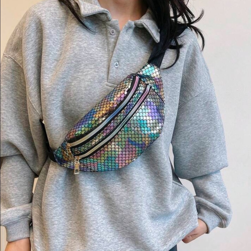 💙 Women’s Holographic Scale Embossed Multi-Compartment Fanny Pack Crossbody Bag